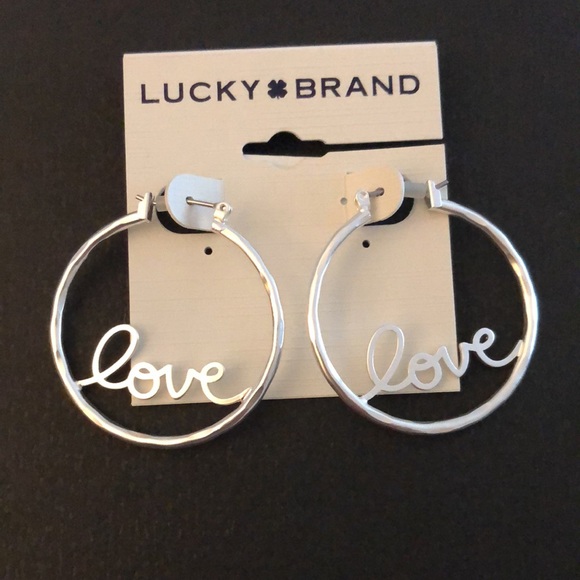 Lucky Brand Silver Tone Hoop Earrings Love In Cursive Script NWT - Picture 6 of 10